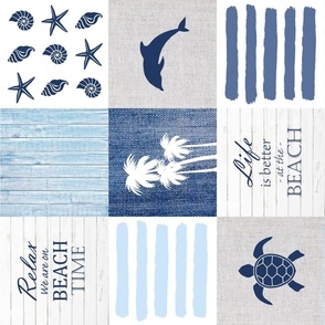 Relax we are on beach time patchwork white blue rotated