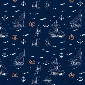 White line drawn sailing boats on navy blue