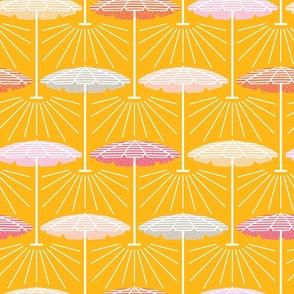 Retro colorful umbrella mid century palm springs pool party pattern with yellow background