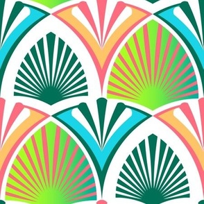 Geometric retro pattern with stylized palm leaves and beach umbrellas