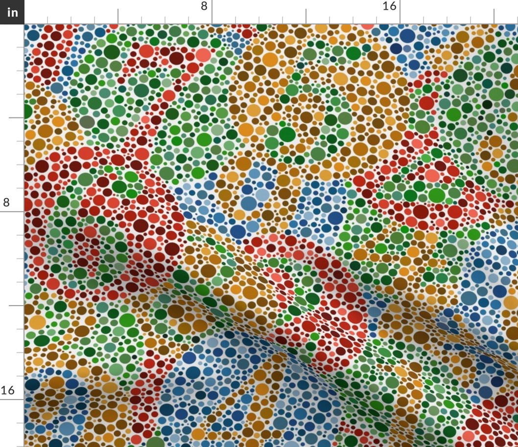 overlapping Ishihara colorblindness tests - bright primary colors
