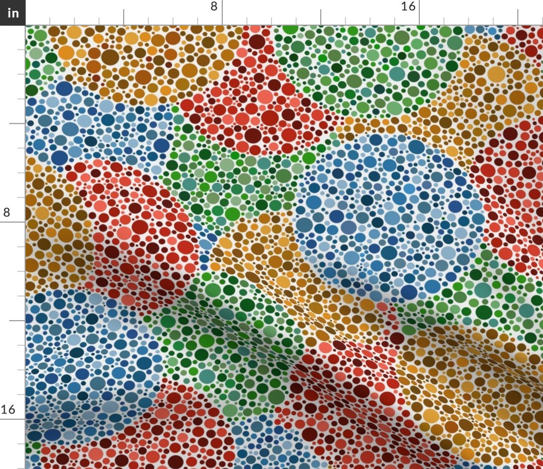 overlapping blank Ishihara colorblindness tests in bright jewel colors