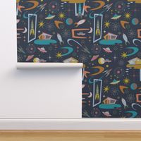 Mid Century Architecture in Space - Retro design in pastels on Navy by Cecca Designs - Navy Petal Solid Coordinate