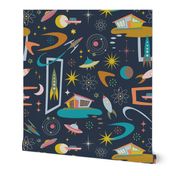 Mid Century Architecture in Space - Retro design in pastels on Navy by Cecca Designs - Navy Petal Solid Coordinate
