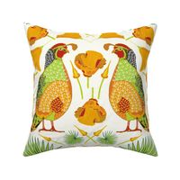  Quail Birds and Californian Poppies on Natural White