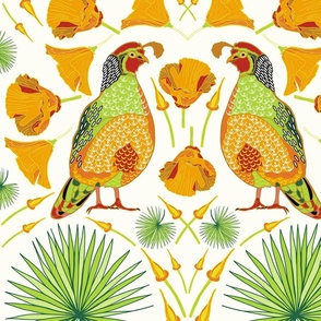  Quail Birds and Californian Poppies on Natural White