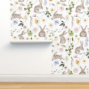 Small / Springtime Easter Bunnies and Florals / White