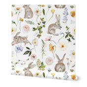Small / Springtime Easter Bunnies and Florals / White