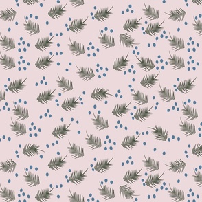 Fern fronds and blue dots on mauve