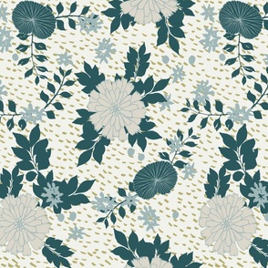 Pale grey floral with delicate teal leaves