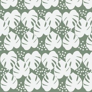 Retro Palm Leaves and Dots - White and Green, medium scale