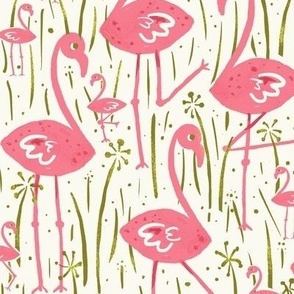 Retro Inspired Flamingos with Babies on the Grass pale green