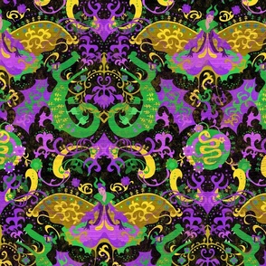 Mardi Gras Dragon Damask - Dragons, Snakes, Butterfly   Fairy in Mardi Gras Colors of Purple, Green, Yellow-  Gold -- 28.06in x 23.34in repeat -- 363dpi (41% of  Full Scale)