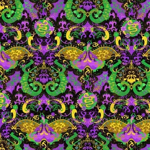 Mardi Gras Dragon Damask - Dragons, Snakes, Butterfly   Fairy in Mardi Gras Colors of Purple, Green, Yellow-  Gold -- 21in x 17.47in repeat -- 235dpi (63% of  Full Scale) 