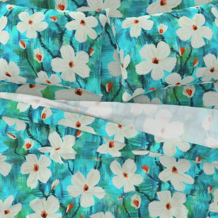 Messy Painted White Blooms on Bright Turquoise and Green - large scale