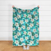 Messy Painted White Blooms on Bright Turquoise and Green - large scale