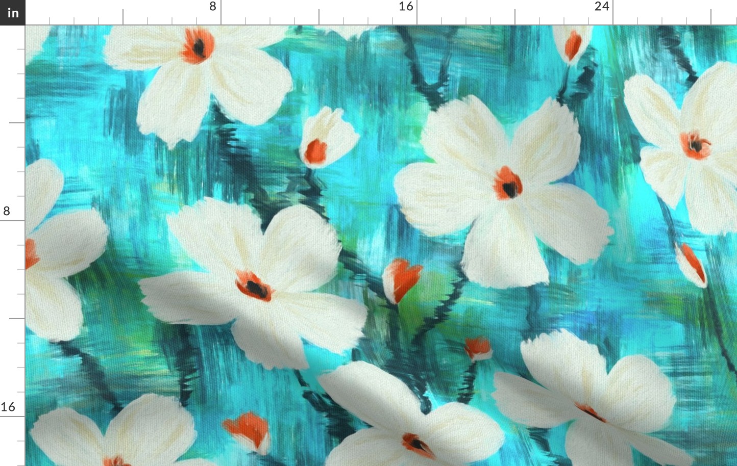 Messy Painted White Blooms on Bright Turquoise and Green - large scale