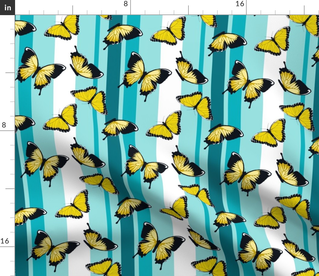 Yellow Butterflies on Blue Stripes