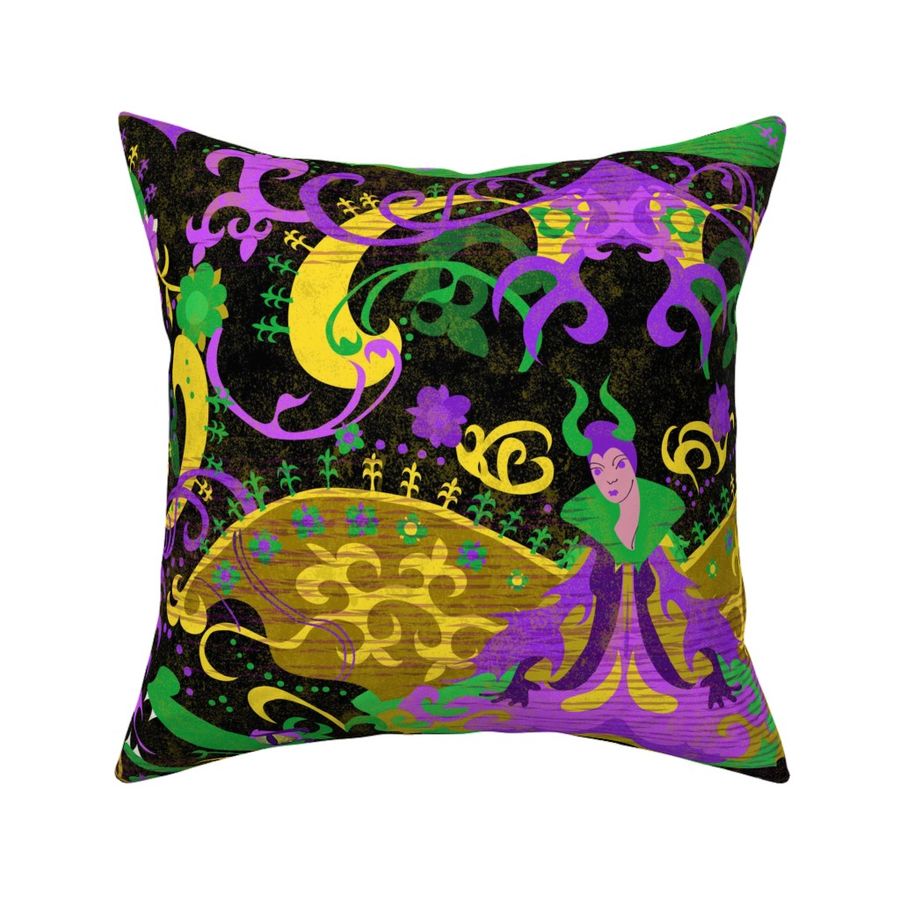 Mardi Gras Dragon Damask - Dragons, Snakes, Butterfly Fairy in Mardi Gras Colors of Purple, Green, Yellow-Gold -- 56in x 46.58in repeat -- 181dpi (82% of  Full Scale)