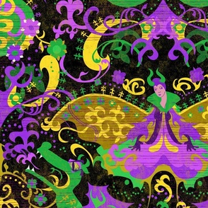 Mardi Gras Dragon Damask - Dragons, Snakes, Butterfly Fairy in Mardi Gras Colors of Purple, Green, Yellow-Gold -- 56in x 46.58in repeat -- 181dpi (82% of  Full Scale)