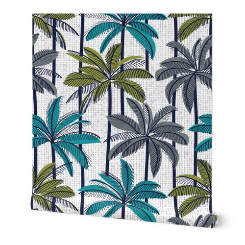 Retro Palm Springs vibes // Large jumbo scale // white background highball green peacock blue and green grey palm trees oxford navy blue line contour