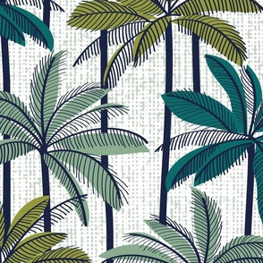 Large jumbo scale // Retro Palm Springs vibes // white background highball sage and pine green palm trees oxford navy blue line contour