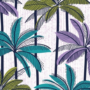 Large jumbo scale // Retro Palm Springs vibes // white background highball green peacock blue and violet palm trees oxford navy blue line contour