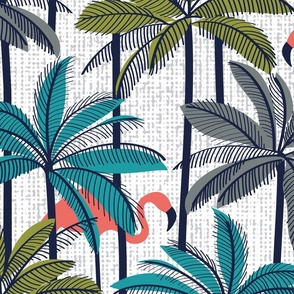 Large jumbo scale // Retro vacation mode // white background highball green peacock blue and green grey palm trees oxford navy blue line contour coral flamingos