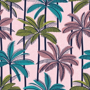 Normal scale // Retro Palm Springs vibes // pastel pink background highball green peacock blue and dry rose palm trees oxford navy blue line contour