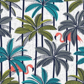 Normal scale // Retro vacation mode // white background highball green peacock blue and green grey palm trees oxford navy blue line contour coral flamingos