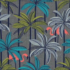 Normal scale // Retro vacation mode // zambezi grey background highball green peacock blue and light grey palm trees oxford navy blue line contour coral flamingos