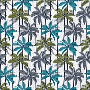 Tiny scale // Retro Palm Springs vibes // white background highball green peacock blue and green grey palm trees oxford navy blue line contour