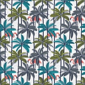 Tiny scale // Retro vacation mode // white background highball green peacock blue and green grey palm trees oxford navy blue line contour coral flamingos