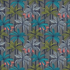 Tiny scale // Retro vacation mode // zambezi grey background highball green peacock blue and light grey palm trees oxford navy blue line contour coral flamingos