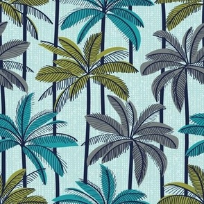 Small scale // Retro Palm Springs vibes // aqua background highball green peacock blue and green grey palm trees oxford navy blue line contour