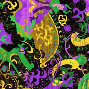 Mardi Gras Dragon Damask ROTATED - Dragons, Snakes,   Butterfly Fairy in Mardi Gras Colors of Purple, Green,   Yellow-Gold -- 56.48in x 67.91in repeat -- 150dpi  (Full Scale)