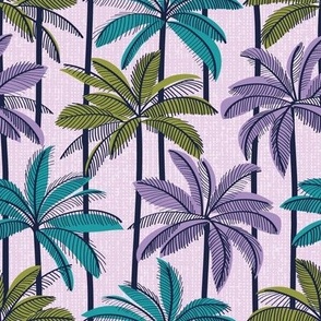 Small scale // Retro Palm Springs vibes // lilac background highball green peacock blue and violet palm trees oxford navy blue line contour