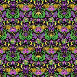 Mardi Gras Dragon Damask - Dragons, Snakes, Butterfly   Fairy in Mardi Gras Colors of Purple, Green, Yellow-  Gold -- 12in x 9.98in repeat -- 848dpi (17% of Full Scale)