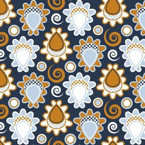 Retro Mid Century Modern Paisley // Sky Blue, Caramel Brown, Navy Blue, White // V3 // Small Scale - 514 DPI