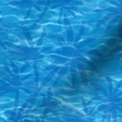 Palm Springs Oasis | Tropical water, ocean fabric, palm trees, bright turquoise lagoon fabric for swimming pool, beachwear and fresh coastal decor.