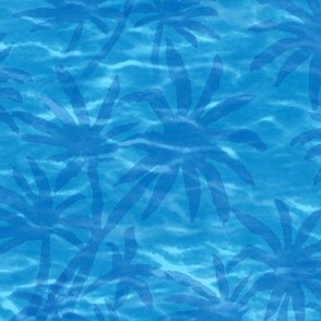 Palm Springs Oasis | Tropical water, ocean fabric, palm trees, bright turquoise lagoon fabric for swimming pool, beachwear and fresh coastal decor.