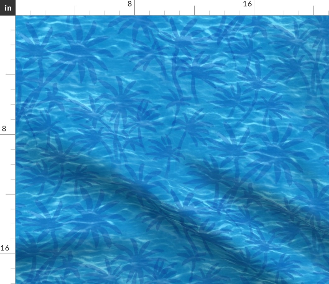 Palm Springs Oasis | Tropical water, ocean fabric, palm trees, bright turquoise lagoon fabric for swimming pool, beachwear and fresh coastal decor.
