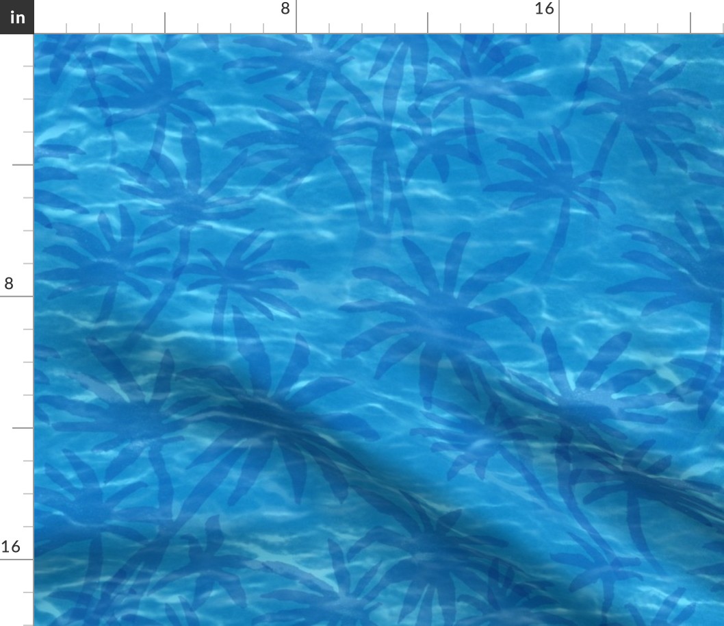 Palm Springs Oasis (large scale) | Tropical water, ocean fabric, palm trees, bright turquoise lagoon fabric for swimming pool, beachwear and fresh coastal decor.