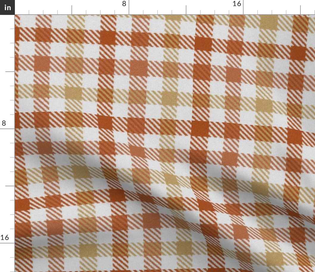 Asymmetric tricolor and white gingham plaid in Pumpkin Orange and Gold