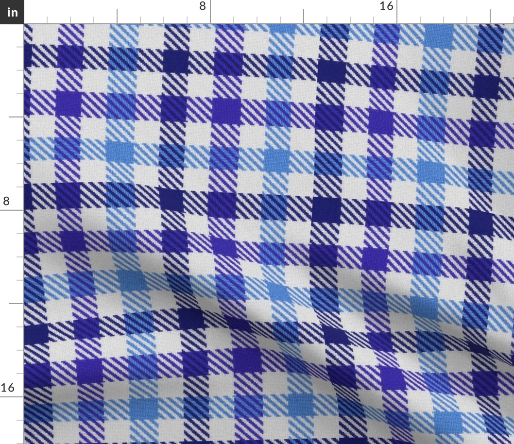 Asymmetric tricolor and white gingham plaid in Blueberry Blues
