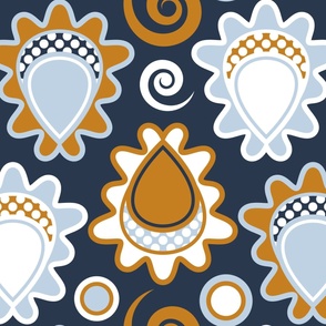 Retro Mid Century Modern Paisley // Sky Blue, Caramel Brown, Navy Blue, White // V3 // Large Scale - 171 DPI