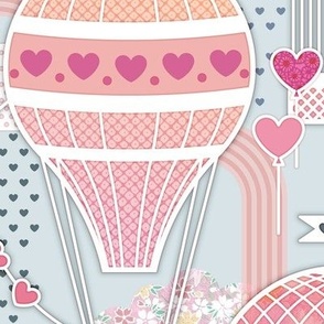 Love Is in the Air Without Texture- Blue Background Large- Valentine- Lovecore- Hot Air Ballons- Hearts- Love Bird- Love Letter- Pink- Salmon- Coral- Rose- Turquoise