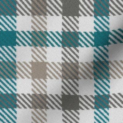 Asymmetric tricolor and white gingham plaid in Turquoise and Grays