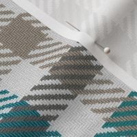 Asymmetric tricolor and white gingham plaid in Turquoise and Grays