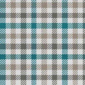 Asymmetric tricolor and white gingham plaid in Turquoise and Grays
